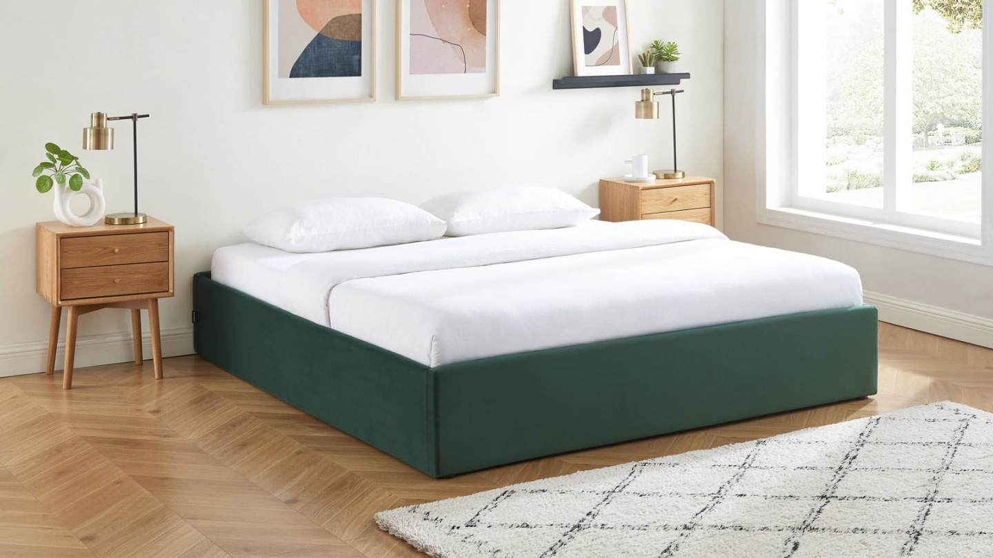 Lit coffre 180x200cm en velours vert + sommier à lattes - Handy