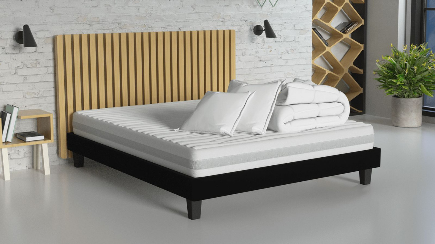 Ensemble matelas mousse 160x200 + sommier à lattes + couette + 2 oreillers - Clean Confort