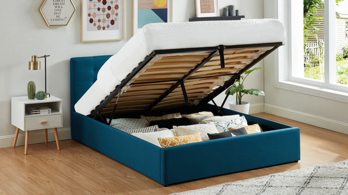 Ensemble lit coffre Tina en tissu bleu canard 140x190cm + Matelas mousse Clean Confort 19 cm