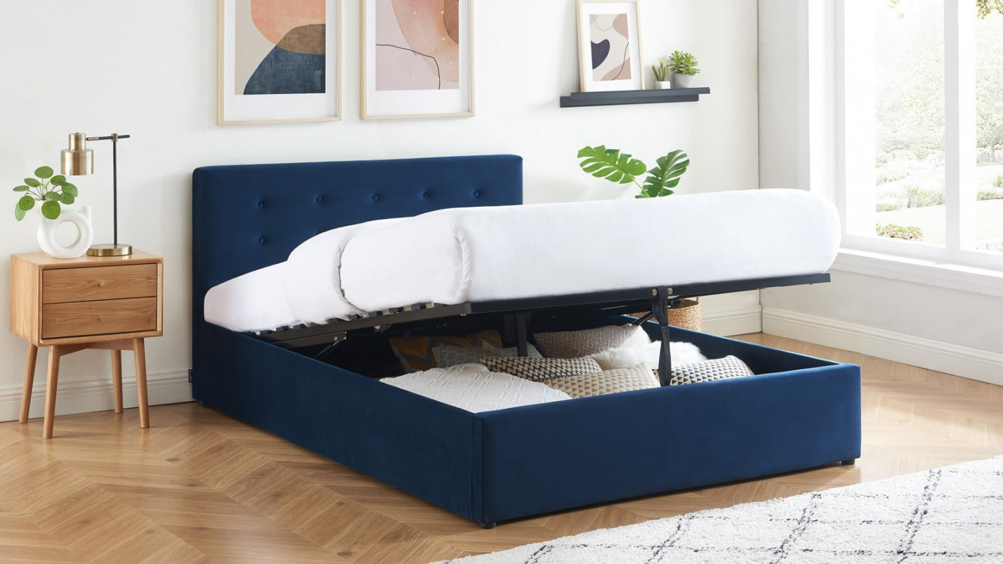 Ensemble lit coffre Tina en velours foncé 140x190cm + Matelas à ressorts ensachés Hygiospring 19 cm