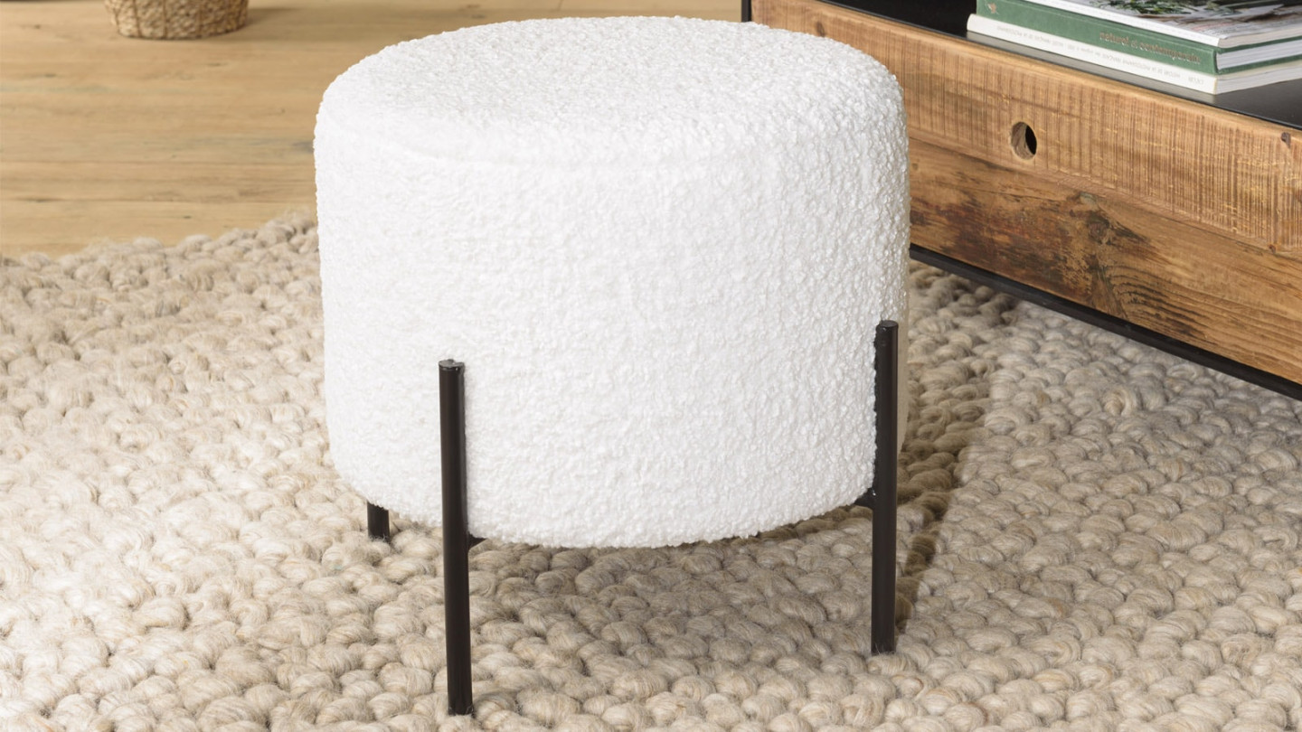 Tabouret rond 40x40cm tissu bouclette écru pieds métal noir - Albane