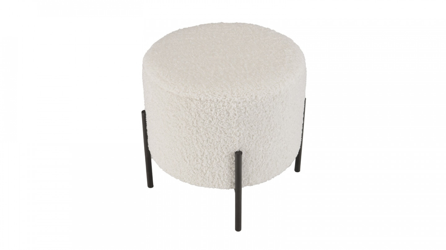 Tabouret rond 40x40cm tissu bouclette écru pieds métal noir - Albane