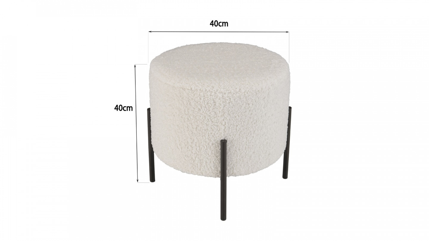 Tabouret rond 40x40cm tissu bouclette écru pieds métal noir - Albane