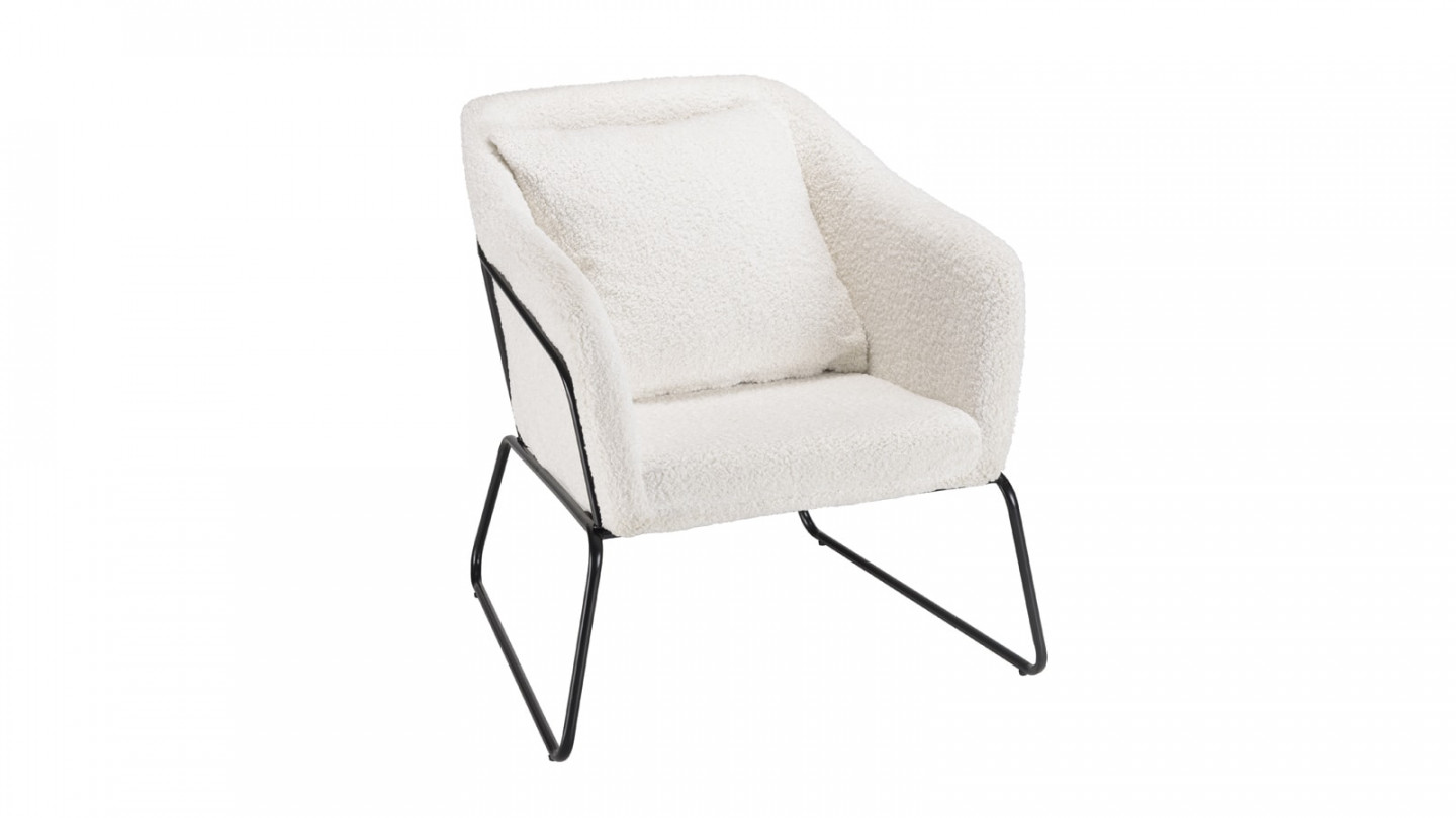 Fauteuil tissu bouclette écru pieds évasés métal noir - Albane