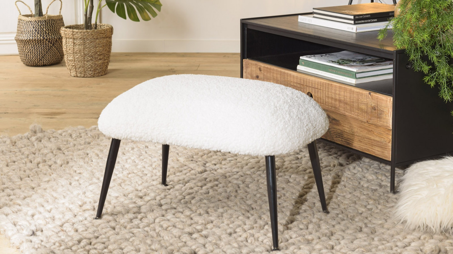 Tabouret cosy tissu bouclette écru pieds métal noir - Albane