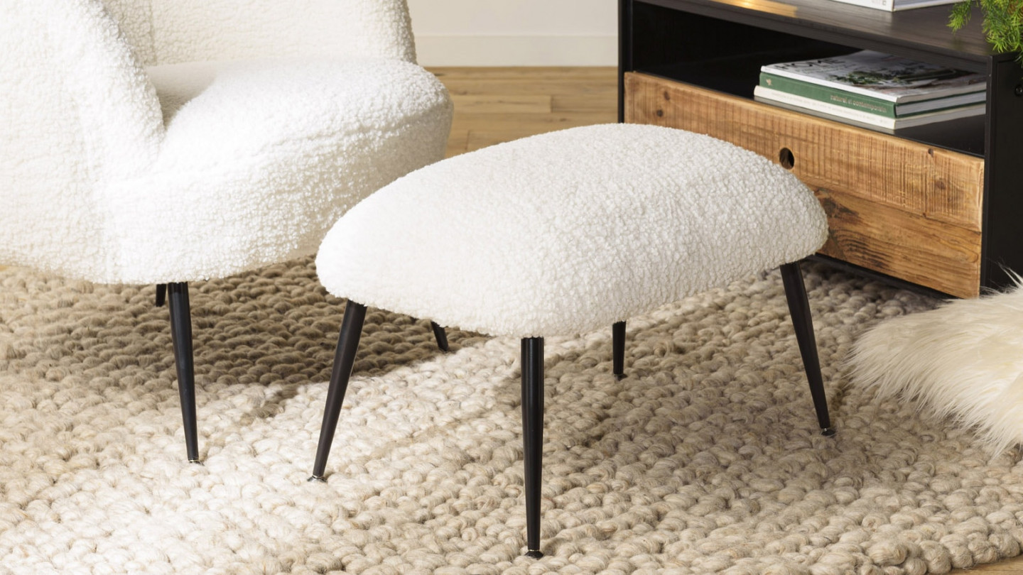 Tabouret cosy tissu bouclette écru pieds métal noir - Albane