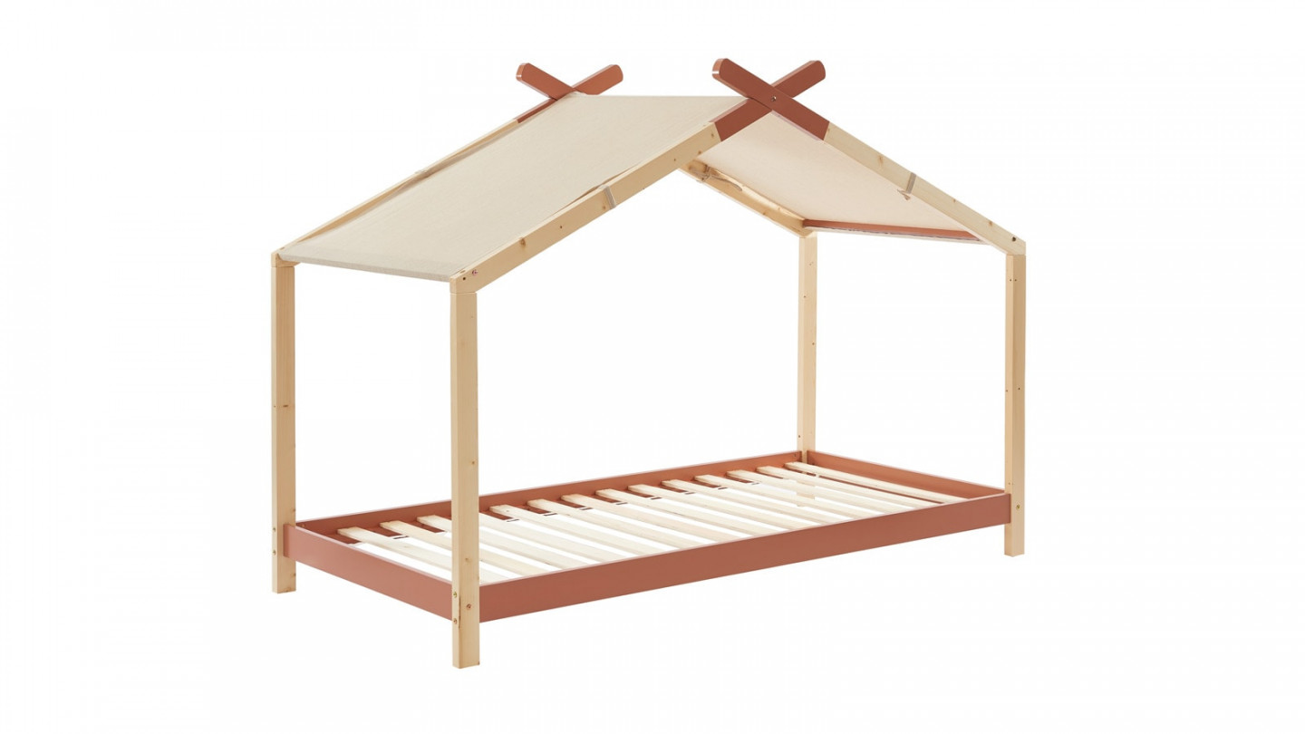 Lit cabane 90x190 en pin massif terracotta avec sommier - Charly