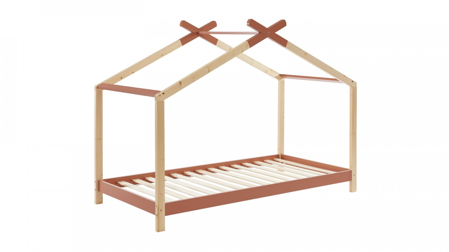 Lit cabane 90x190 en pin massif terracotta avec sommier - Charly