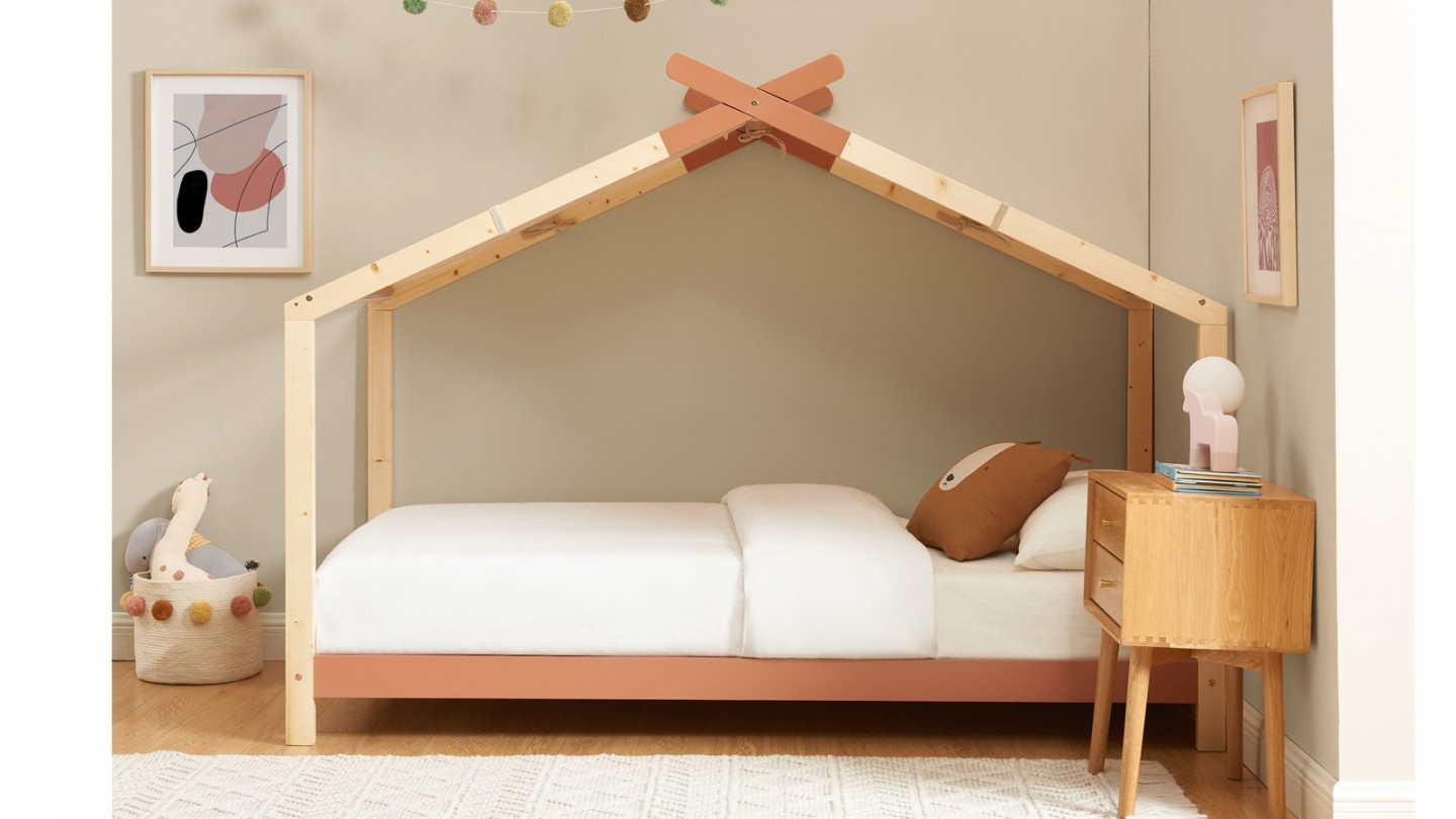 Lit cabane 90x190 en pin massif terracotta avec sommier - Charly