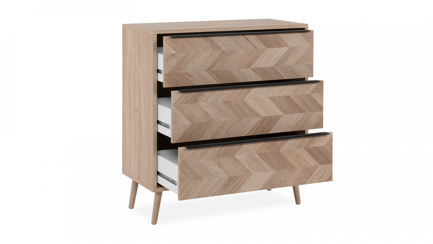 Commode 3 tiroirs effet chêne à chevrons 80 cm - Léa