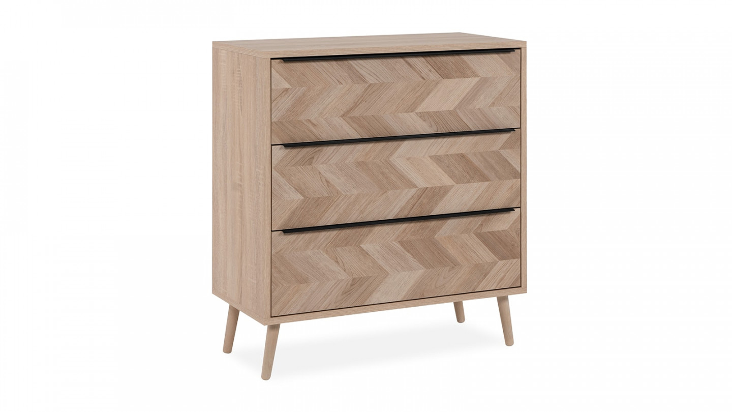 Commode 3 tiroirs effet chêne à chevrons 80 cm - Léa