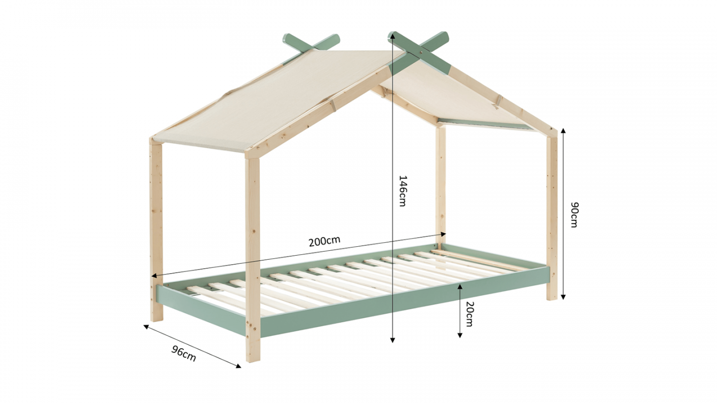 Lit cabane 90x190 en pin massif vert avec sommier - Charly