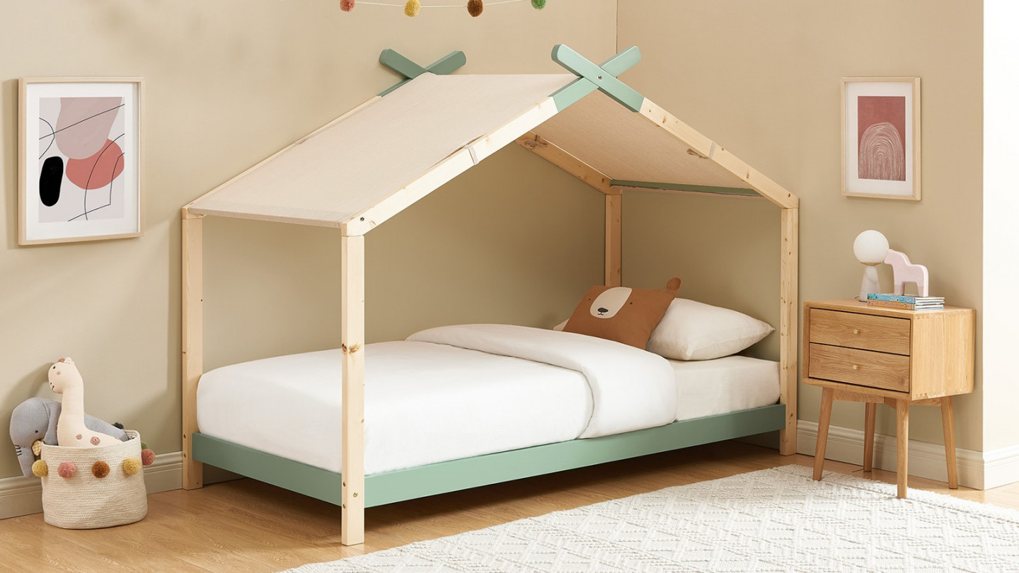 Lit cabane 90x190 en pin massif vert avec sommier - Charly