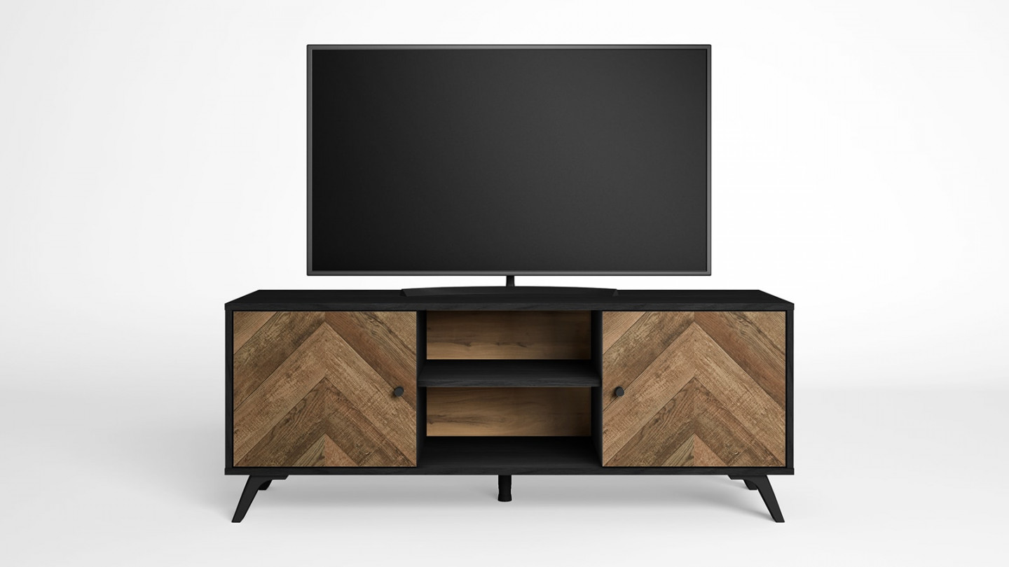 Meuble TV 2 portes effet bois à chevrons / noir 136 cm - Dario