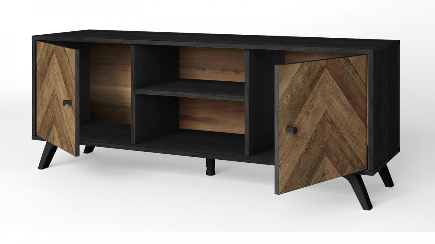 Meuble TV 2 portes effet bois à chevrons / noir 136 cm - Dario