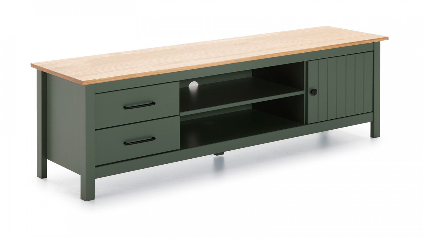 Meuble TV 1 porte 2 tiroirs bois ciré / vert 158 cm - Ida