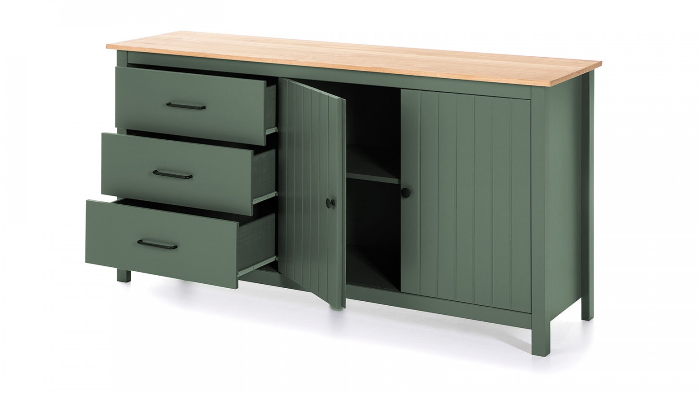 Buffet 2 portes 3 tiroirs bois ciré / vert 150 cm - Ida