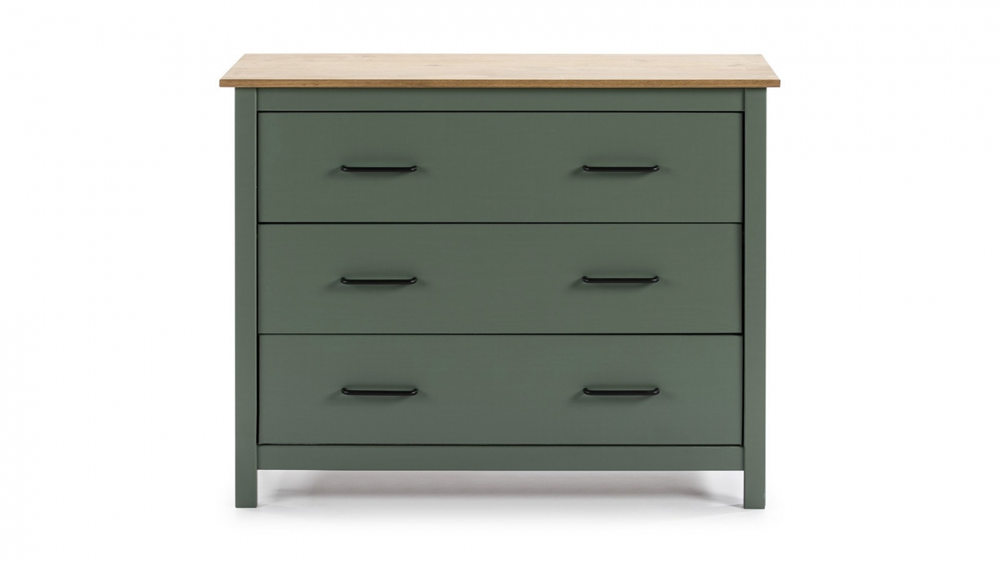 Commode 7 Tiroirs En Pin Massif - Coloris Vert Pétrole, Dimensions 110x40x80 Cm