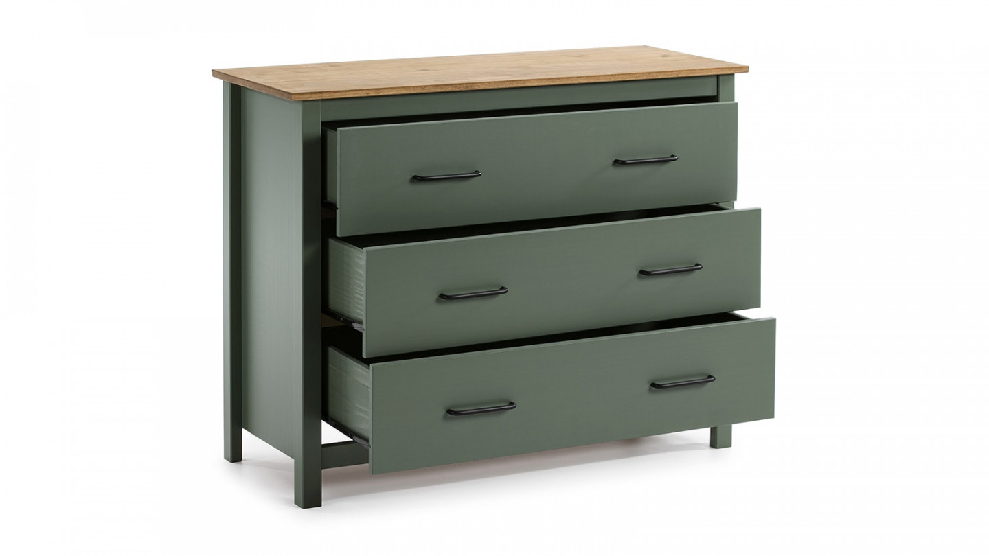 Commodes 3 tiroirs bois ciré / vert 100 cm - Ida