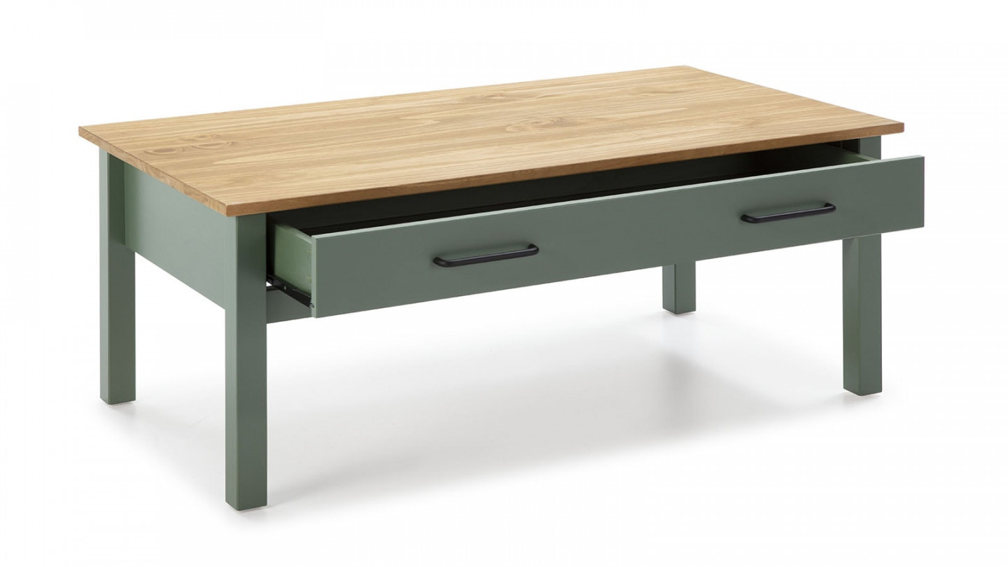 Table basse 1 tiroir effet bois ciré / vert 100 cm - Ida