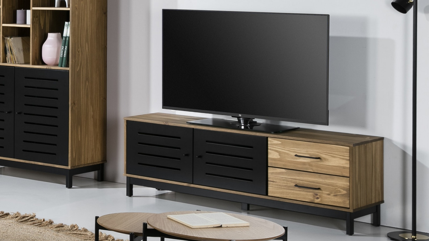 Meuble TV 2 portes 2 tiroirs bois ciré / noir 141 cm - Rosa