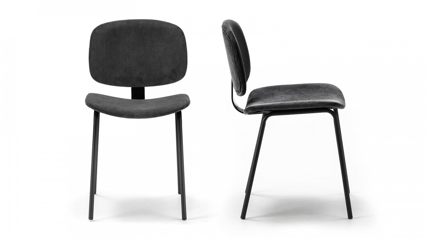 Lot de 2 chaises en velours côtelé noir piètement noir - Liv