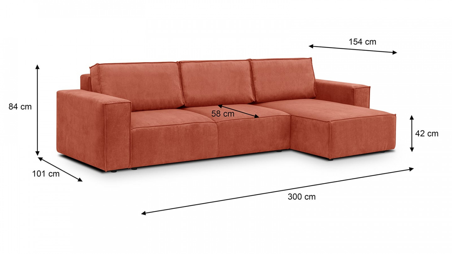 Canapé d'angle 5 places convertible réversible avec coffre de rangement en velours fines côtes rouille - Harper New