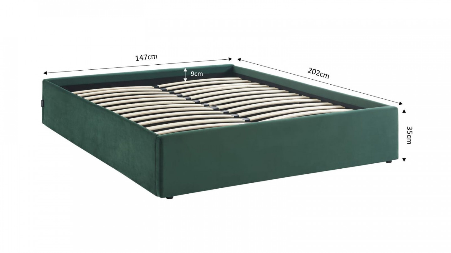 Lit coffre 140x190cm en velours vert + sommier à lattes - Handy