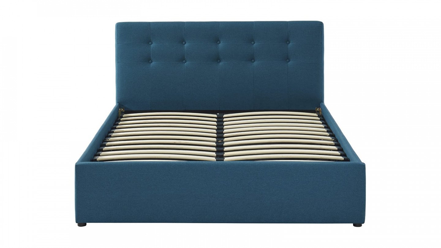 Ensemble lit coffre Tina en tissu bleu canard 140x190cm + Matelas mousse Clean Confort 19 cm