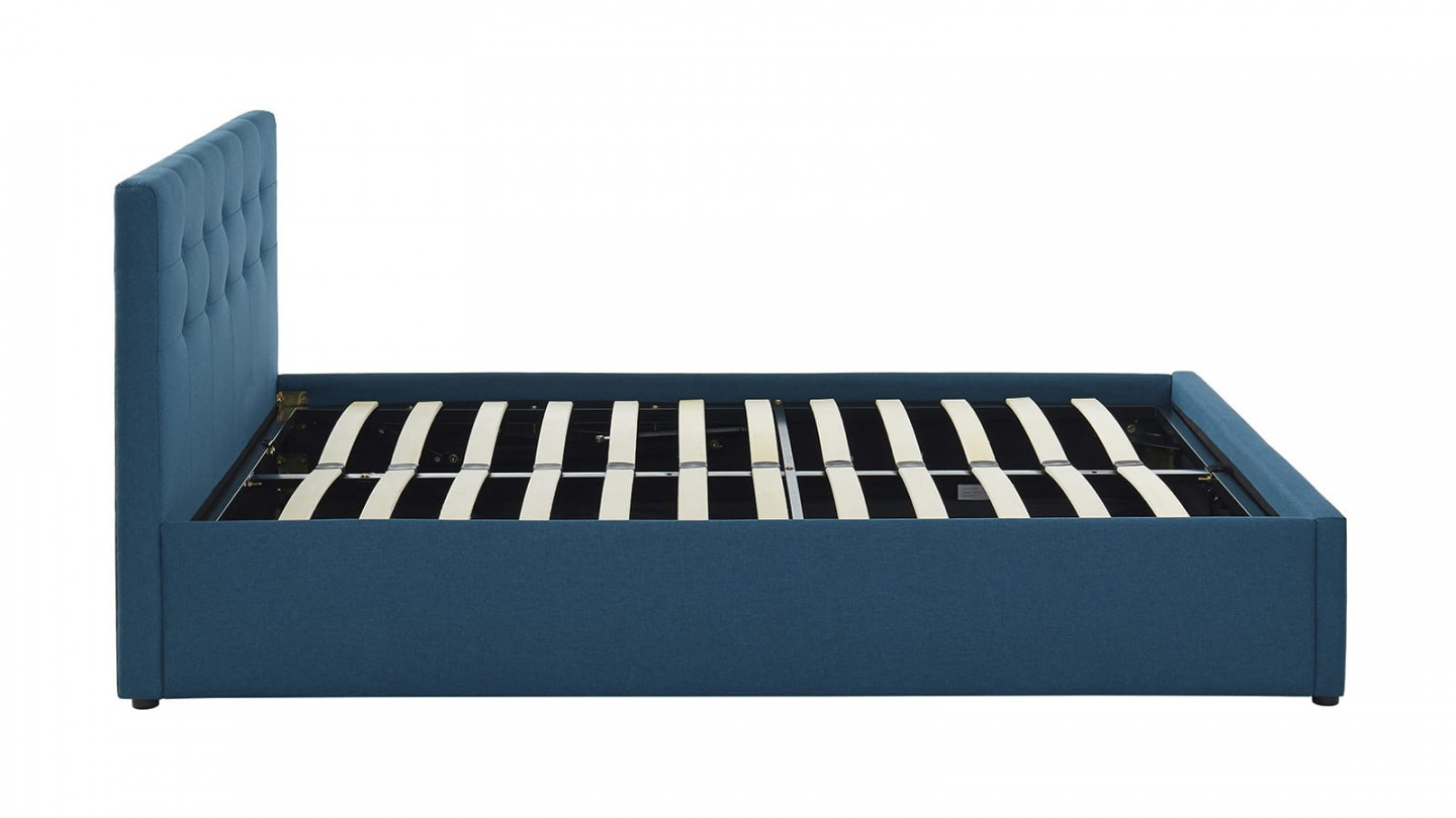 Ensemble lit coffre Tina en tissu bleu canard 140x190cm + Matelas mousse Clean Confort 19 cm