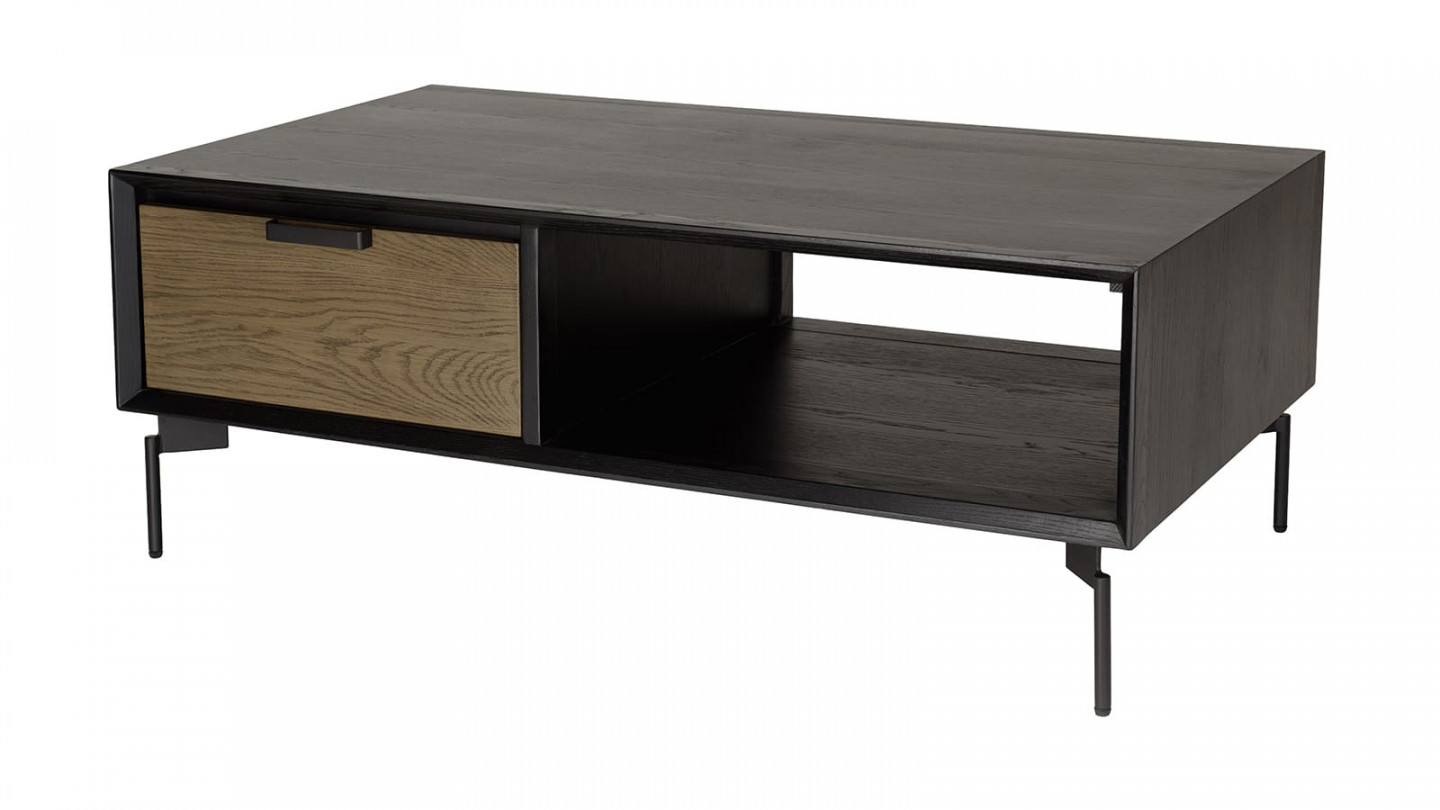 Table basse noire 1 niche 2 tiroirs marron foncé pieds métal ALMA