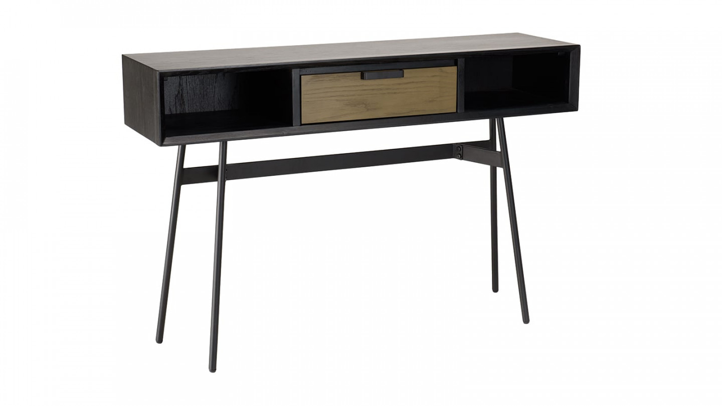 Console noire 130x35cm 2 niches 1 tiroir marron pieds métal noir ALMA