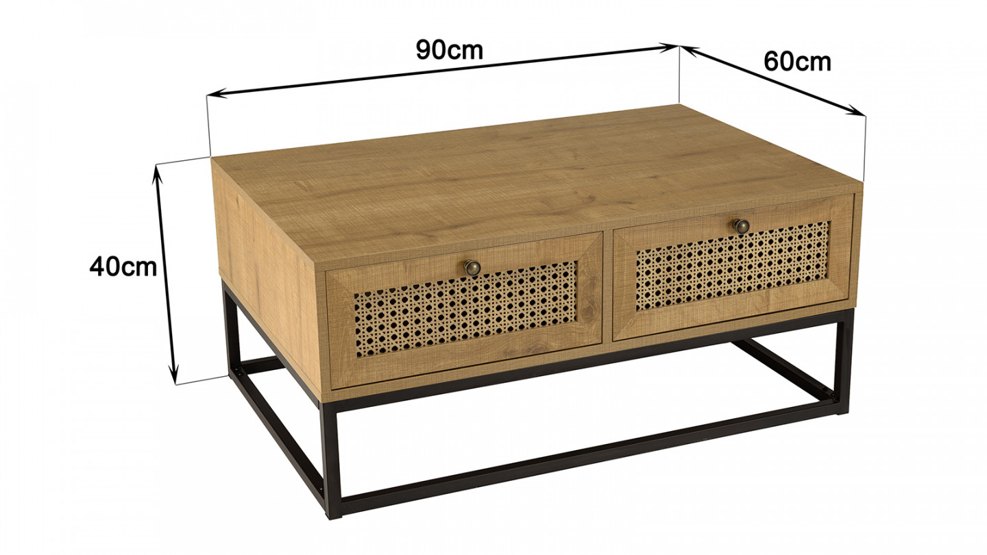 Table basse marron 4 tiroirs effet cannage pieds métal noir CHARLIE