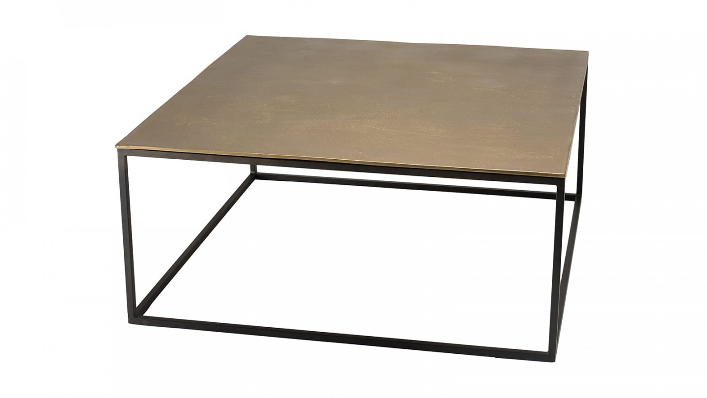 Table basse carrée 90x90cm aluminium doré et noir pieds métal - Johan