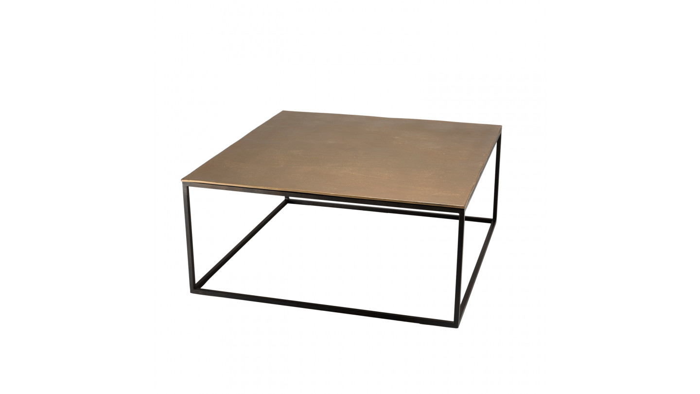 Table basse carrée 90x90cm aluminium doré et noir pieds métal - Johan