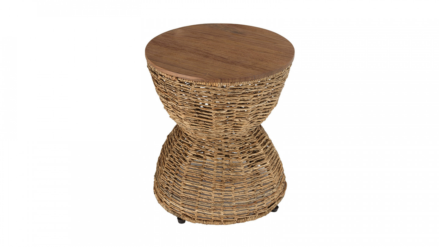 Tabouret beige assise en bois de teck recyclé SIXTINE