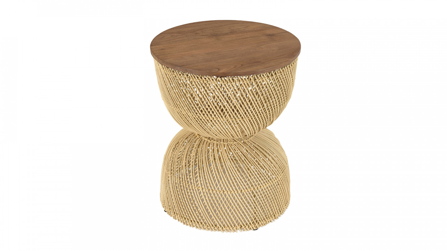 Table d'appoint en rotin beige plateau en bois teck recyclé SIXTINE