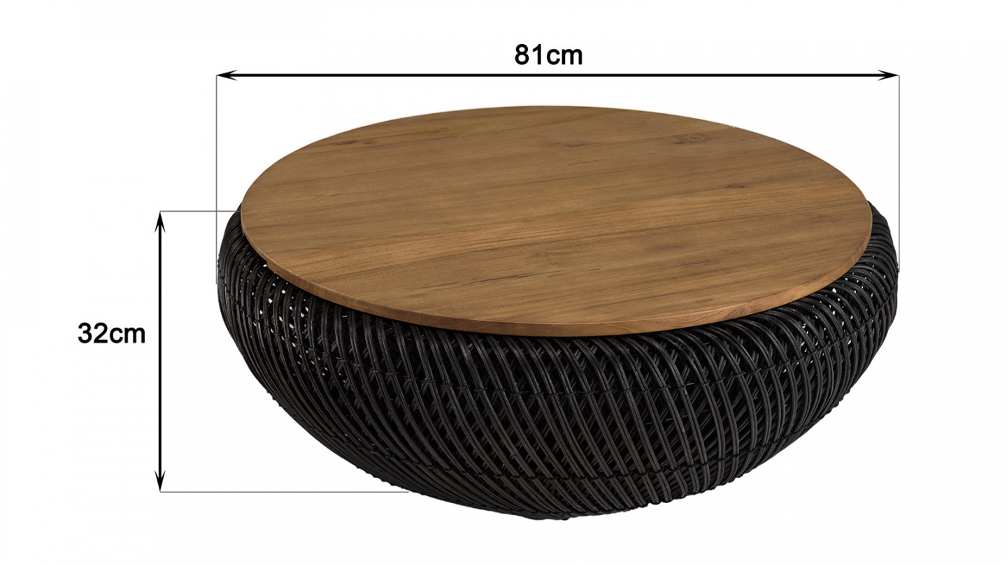 Table basse ronde 80x80cm en rotin noir plateau amovible - Sixtine