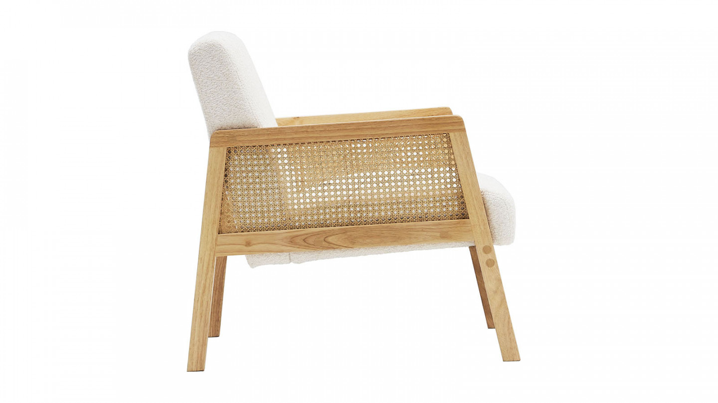 Fauteuil rotin et tissu bouclé écru - Mani