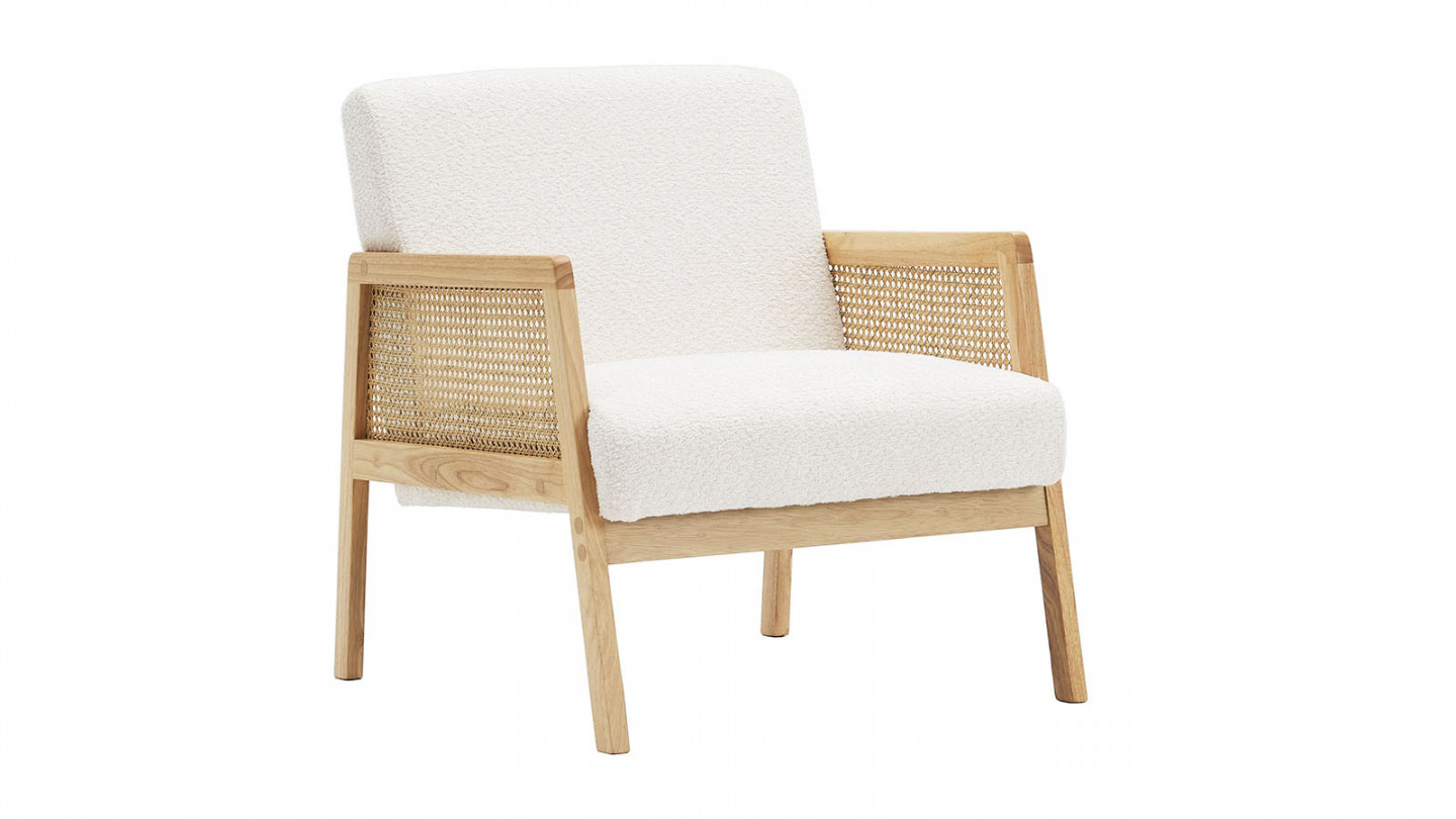 Fauteuil rotin et tissu bouclé écru - Mani Fauteuil rotin et tissu bouclé écru - Mani