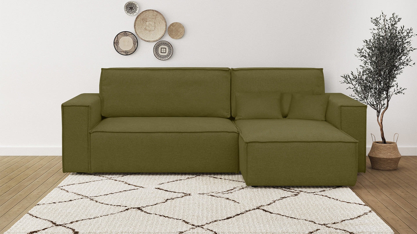 Canapé d'angle convertible réversible 4 places avec coffre de rangement en tissu vert olive - Livia New