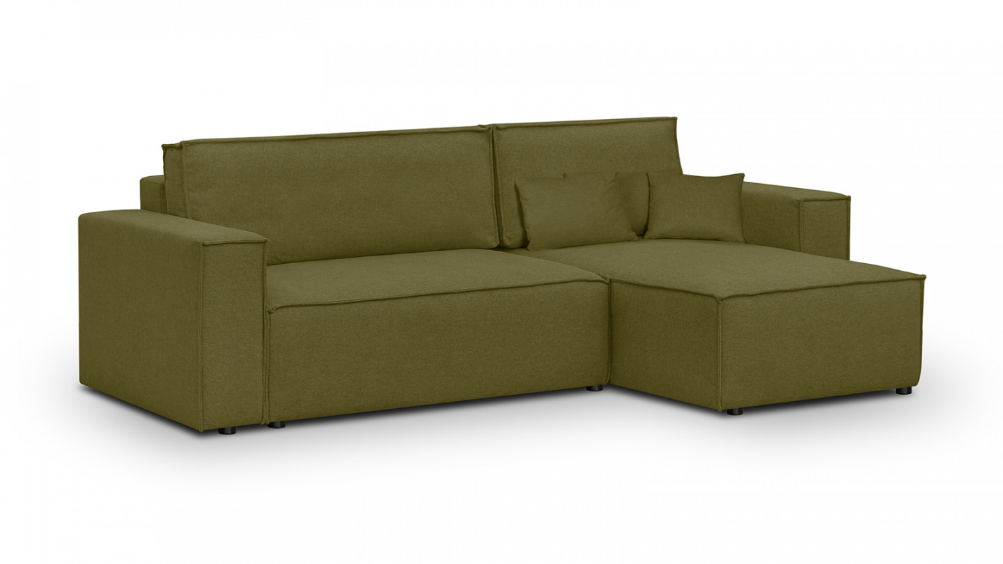 Canapé d'angle convertible réversible 4 places avec coffre de rangement en tissu vert olive - Livia New