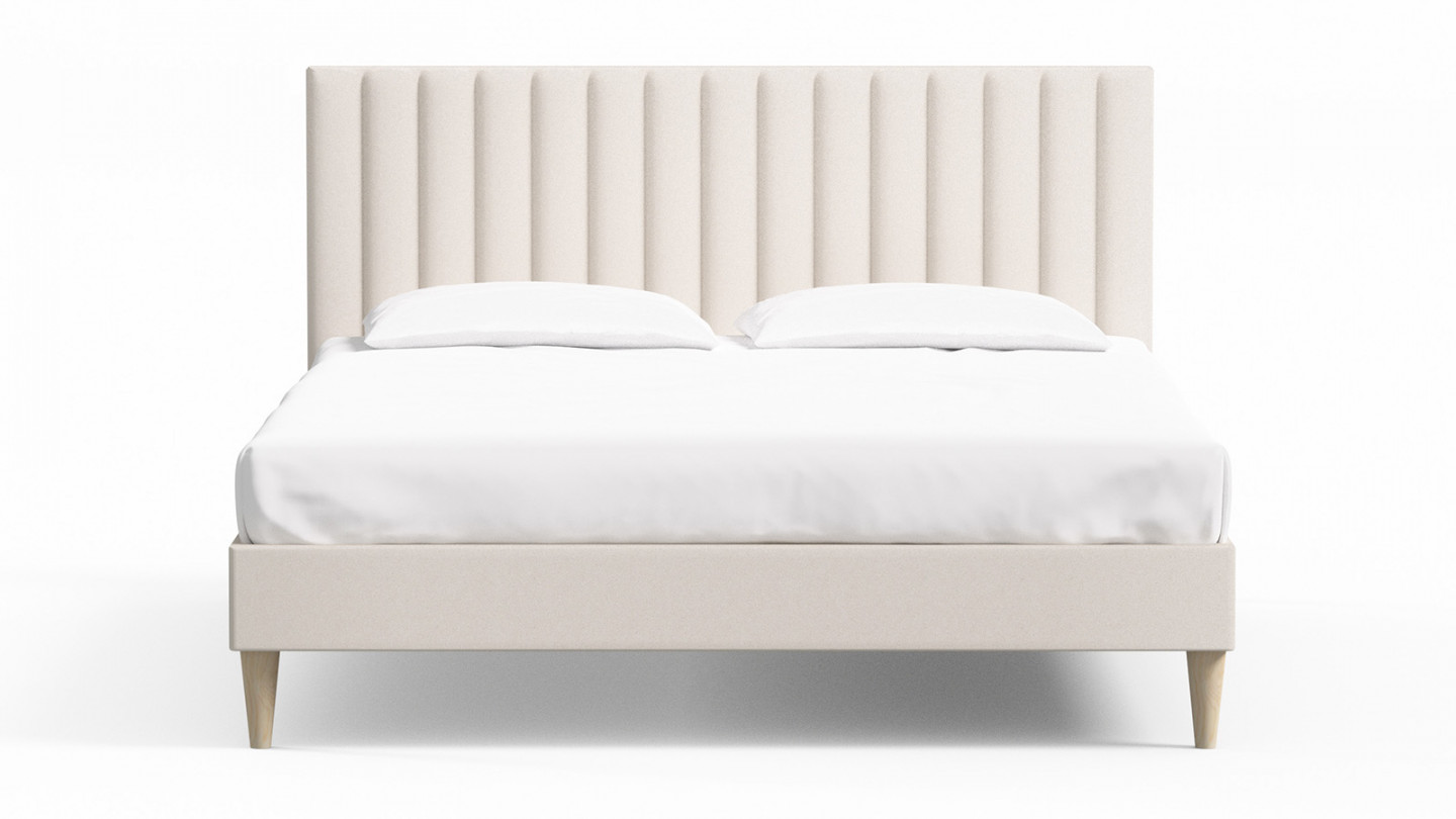 Lit adulte 140x190 en velours beige avec tête de lit matelassée - Eliot