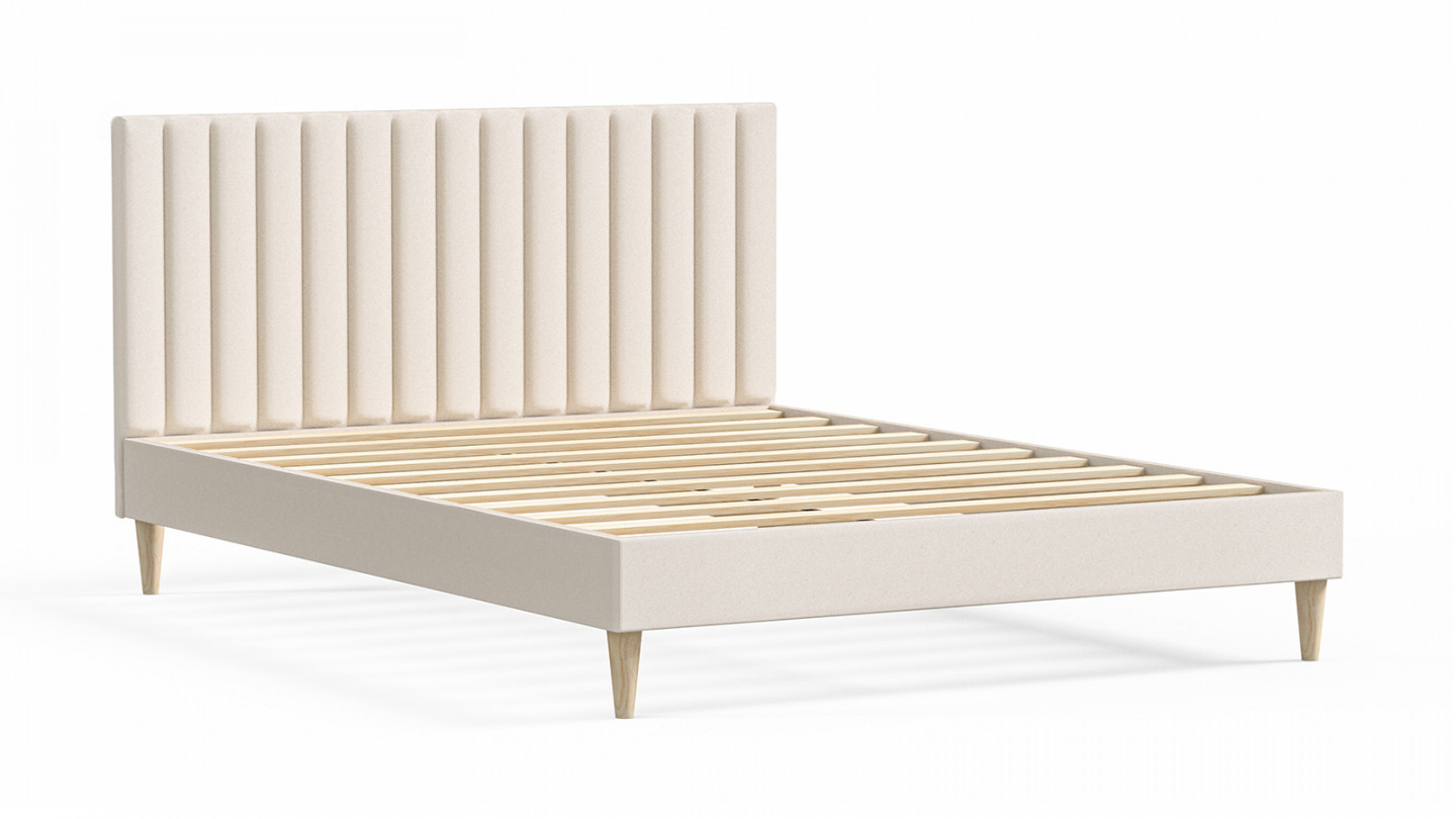 Lit adulte 140x190 en velours beige avec tête de lit matelassée - Eliot