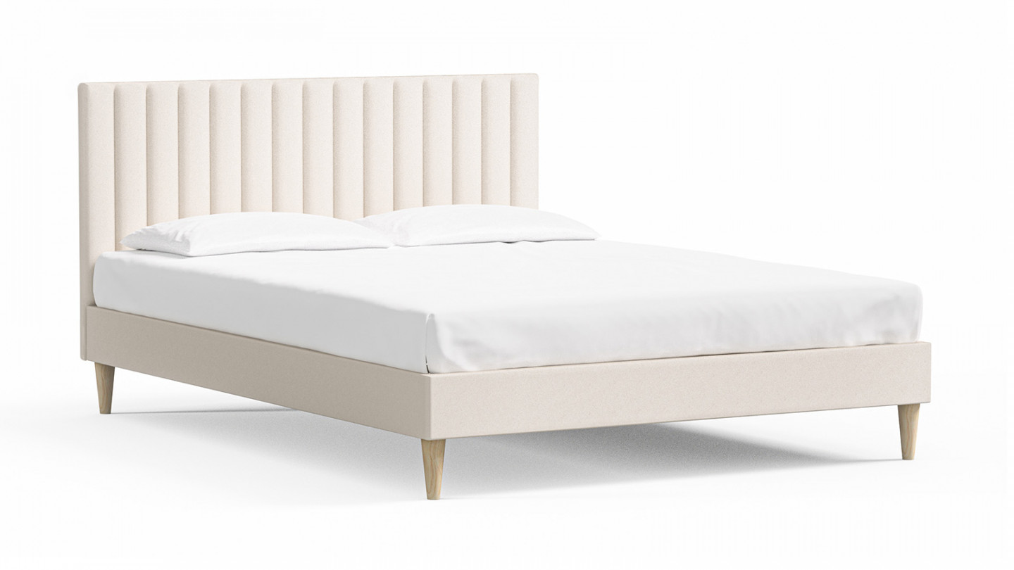 Lit adulte 160x200 en velours beige avec tête de lit matelassée - Eliot