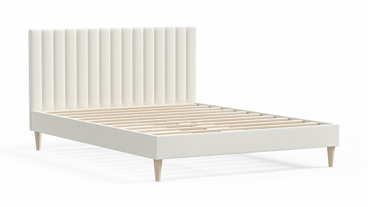 Lit adulte 160x200 en tissu bouclé écru avec tête de lit matelassée - Eliot