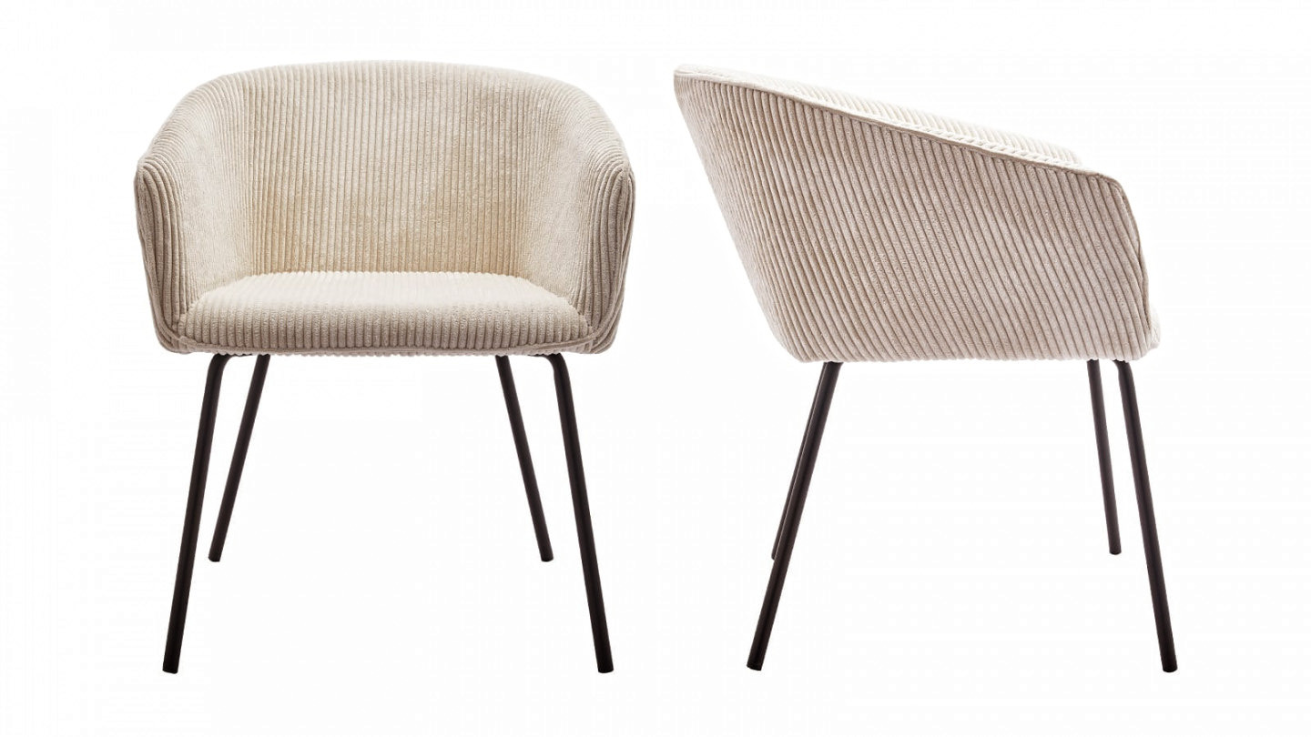 Lot de 2 fauteuils en velours côtelé beige, piètement noir - Swann