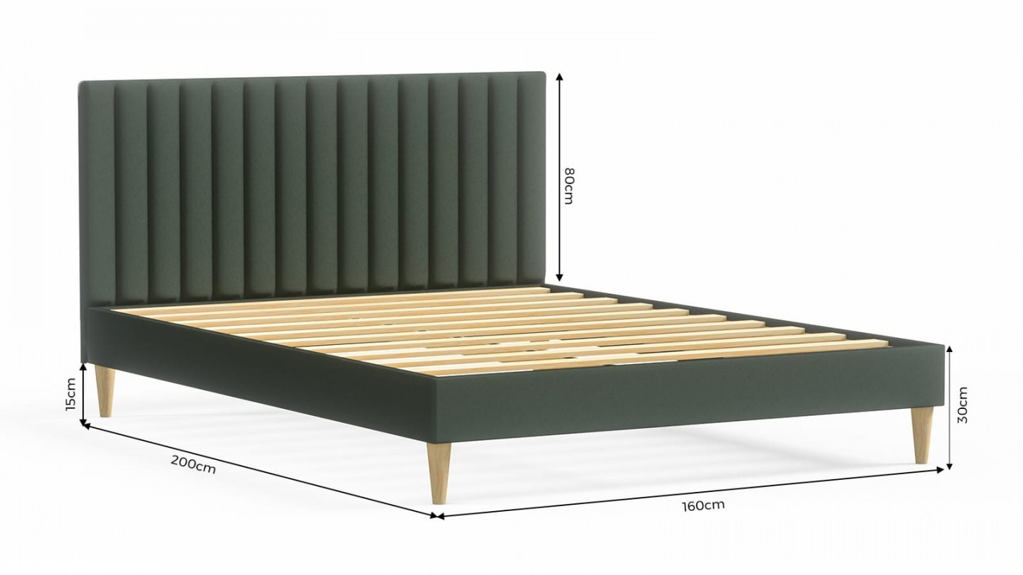 Lit adulte 160x200 en velours vert avec tête de lit matelassée - Eliot