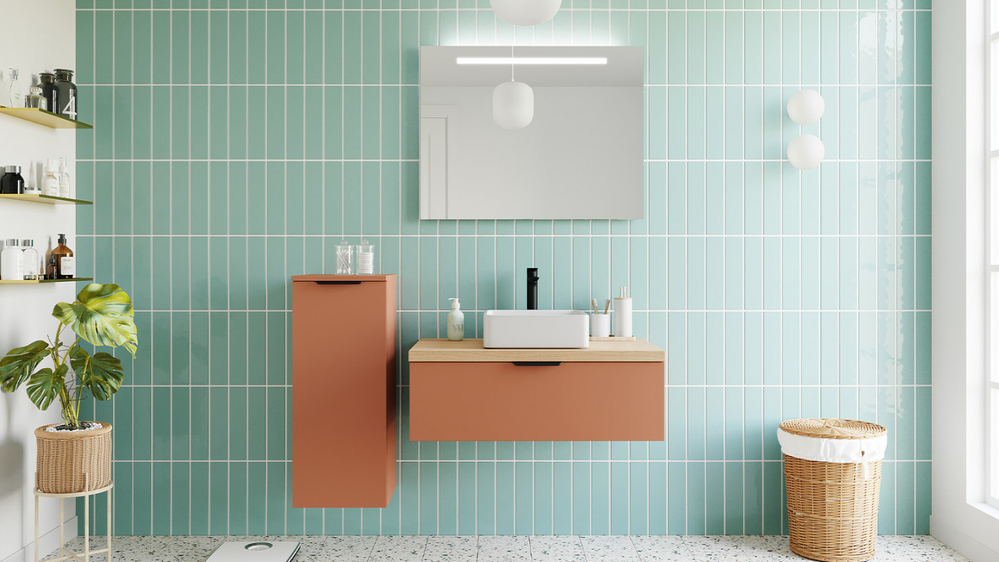 Meuble de salle de bains 90 cm Terracotta - 1 tiroir - vasque carrée + miroir - Loft