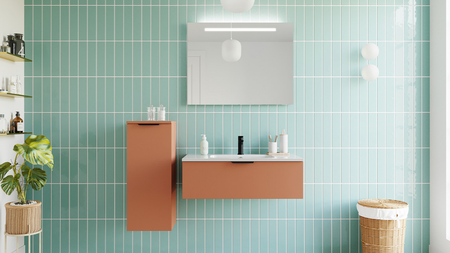 Meuble de salle de bains 90 cm Terracotta - 1 tiroir - simple vasque + miroir + demi-colonne ouverture à gauche - Loft